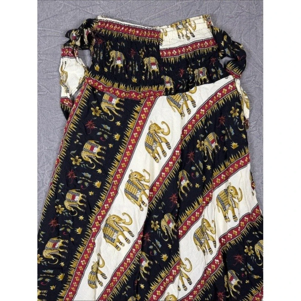 Unbranded Elephant Print‎ Smocked Boho Maxi Skirt Dress Black White Red 017